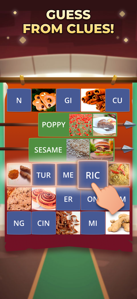 Mobile game screenshot of Word Logic showing a word association puzzle with pictures of food and letter tiles