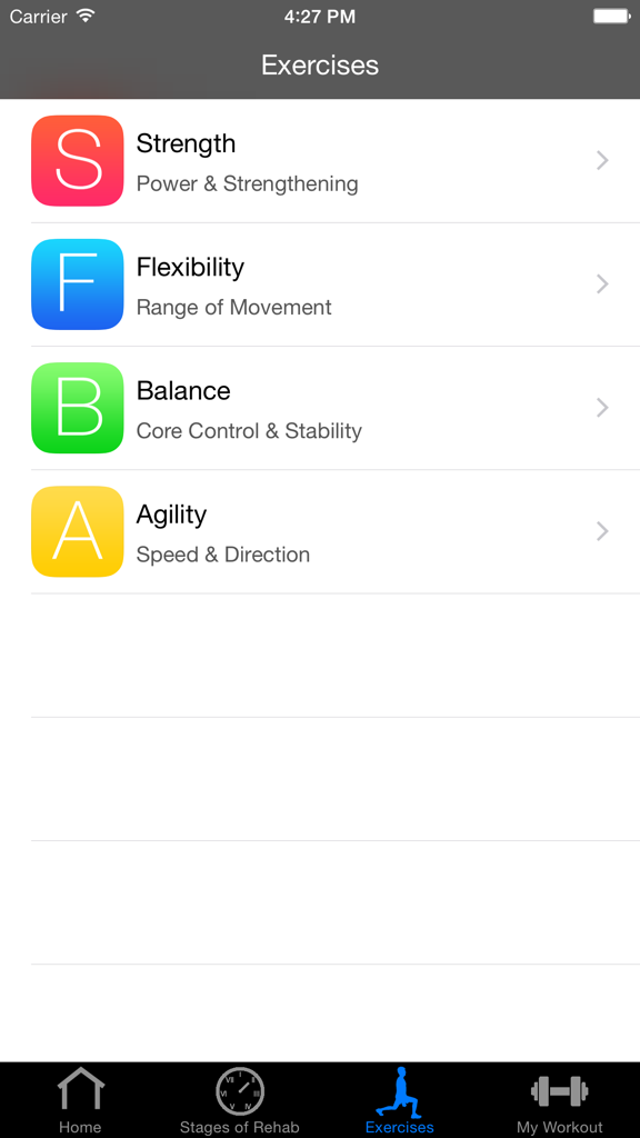 ACL Rehab - ACL Rehab app exercises screen displaying strength flexibility balance and agility categories