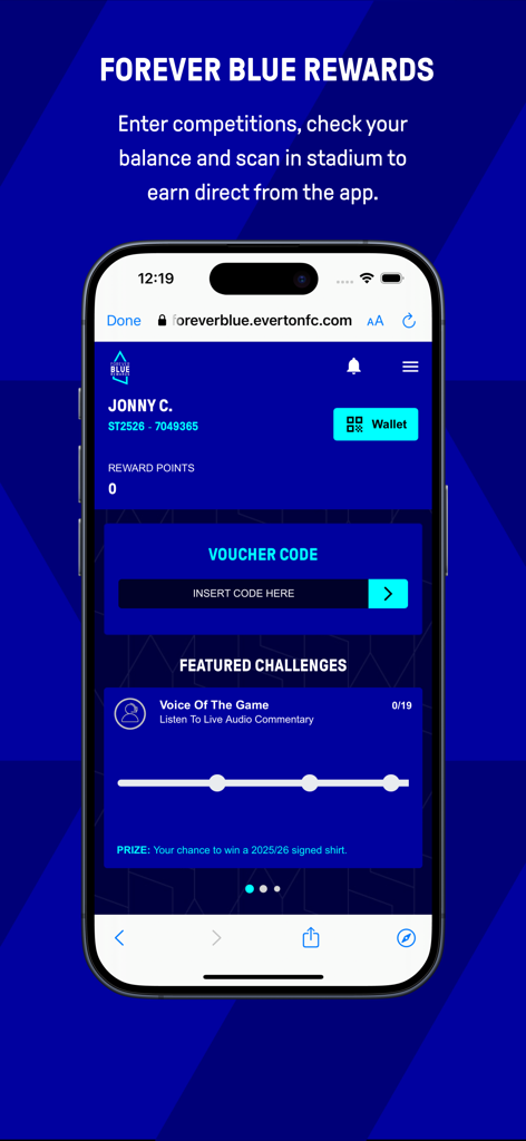 Everton - Everton FC mobile app Forever Blue Rewards screen showing reward points and featured challenges