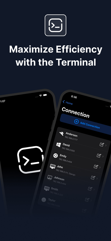 Terminux: SSH Client - Terminux app interface showing a list of remote SSH server connections on a smartphone screen