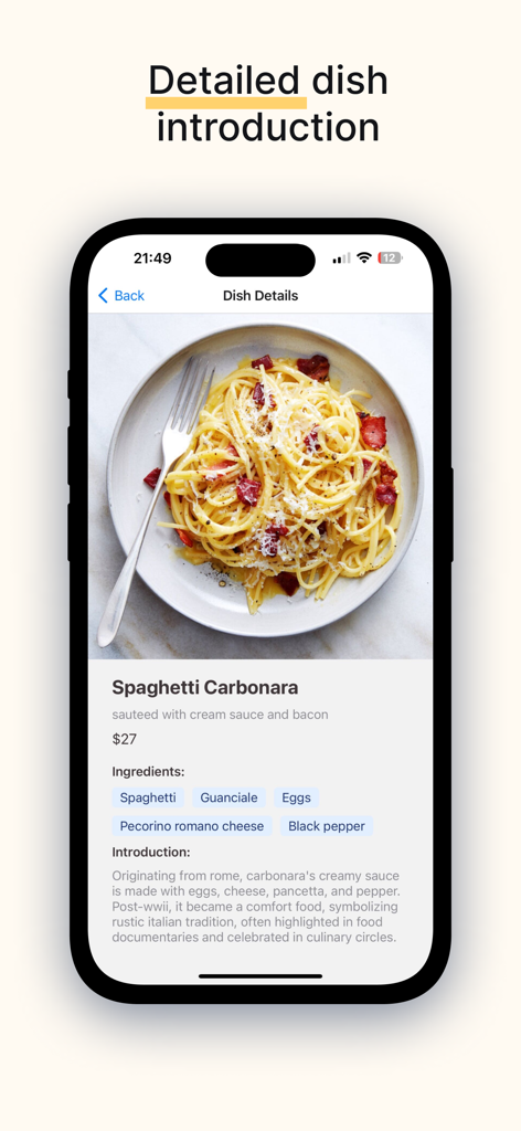 SeeFood: AI Menu Reader - SeeFood app screen showing detailed dish information for Spaghetti Carbonara with ingredients and description
