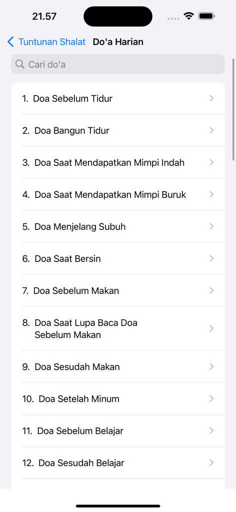 Tuntunan Shalat Lengkap - A menu list of daily Islamic prayers in Indonesian featuring supplications for sleeping, eating, and studying