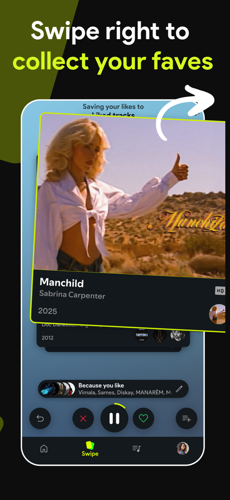 The Swipefy app interface showing a music card with a swipe right action to save songs to a playlist.