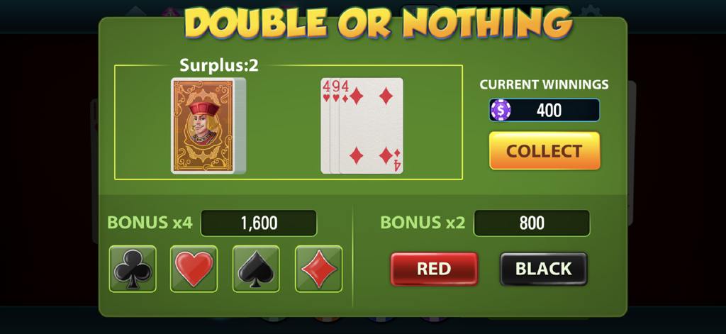 Video Poker!!! - Ein Double-or-Nothing-Minispiel-Bildschirm in Video Poker mit Optionen zum Erraten von Kartenfarben oder -symbolen, um Gewinne zu vervielfachen.