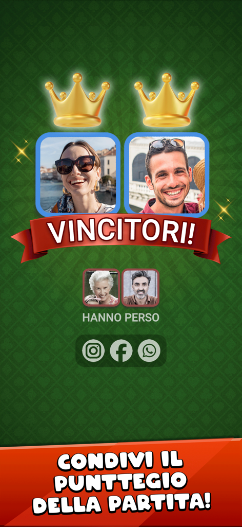 Burraco Italiano Jogatina - Schermata di vittoria che mostra i giocatori vincenti con corone e risultati di gioco in Burraco Italiano Jogatina.