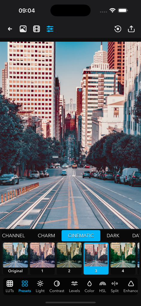 MatchColors AI app interface showing a cinematic filter applied to a city street image