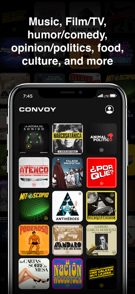Schnittstelle der mobilen App von Convoy Network mit einer Vielzahl von originalen spanischen Podcasts