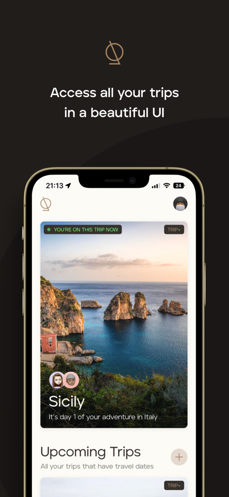 Panel de la aplicación TripMapper que muestra una tarjeta de itinerario de viaje para Sicilia y próximos viajes en una interfaz limpia.