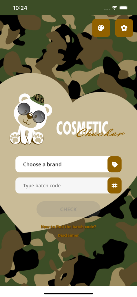 Cosmetic Checker - Cosmetic Checker app interface with a camouflage theme and input fields for brand and batch code
