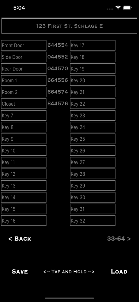 Master key system bitting list showing door locations and corresponding numeric codes for locksmiths