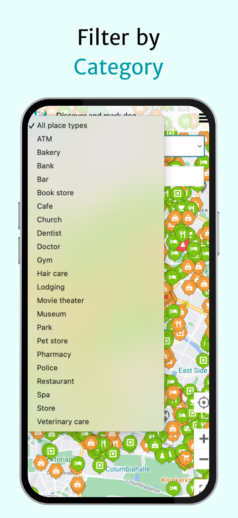 Mobile screen of DogMap app showing a dropdown menu to filter dog-friendly locations by categories like cafe park and restaurant over a map