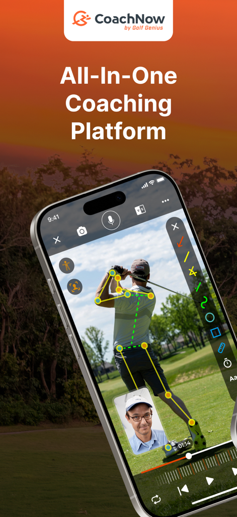 CoachNow: Sports Coaching App - Smartphone displaying CoachNow app with AI skeleton tracking for a golf swing analysis and coach video overlay