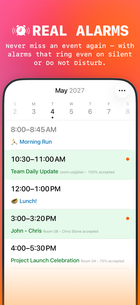 Oberfläche der Today Planned App, die einen Tagesplan mit Alarmen anzeigt, die im Lautlos- und Nicht stören-Modus funktionieren
