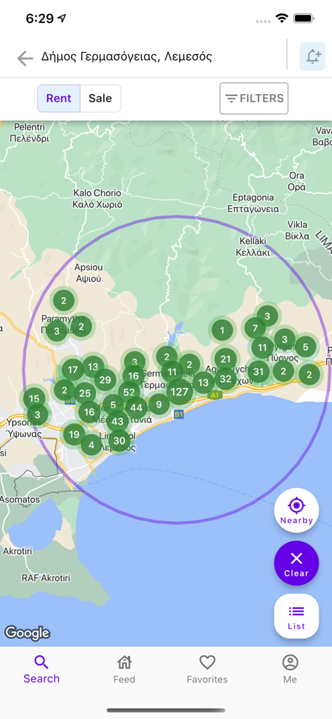 Homy - Vista de mapa de la aplicación Homy que muestra listados de propiedades inmobiliarias en Limassol, Chipre