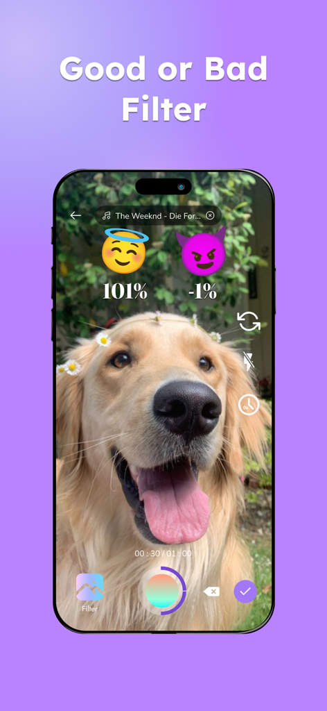 Accurate Filter: Emoji Game - 犬に良いまたは悪いフィルターの結果が表示されている正確なフィルター絵文字ゲームアプリのインターフェース