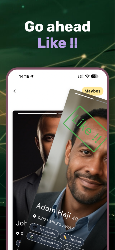 Moyyo - Une capture d'écran de l'application de rencontre Moyyo montrant le profil d'un utilisateur nommé Adam avec un tampon 'Like' vert sur sa photo.