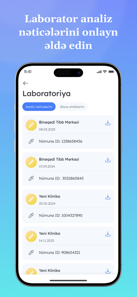 e-Tabib - Pantalla móvil de la aplicación e-Tabib que muestra una lista de resultados de pruebas de laboratorio de diferentes clínicas