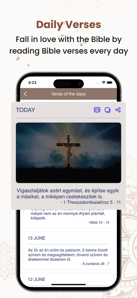 A mobile app screenshot showing the Daily Verses feature in the Hungarian Bible app with an inspirational scripture and an image of a cross.