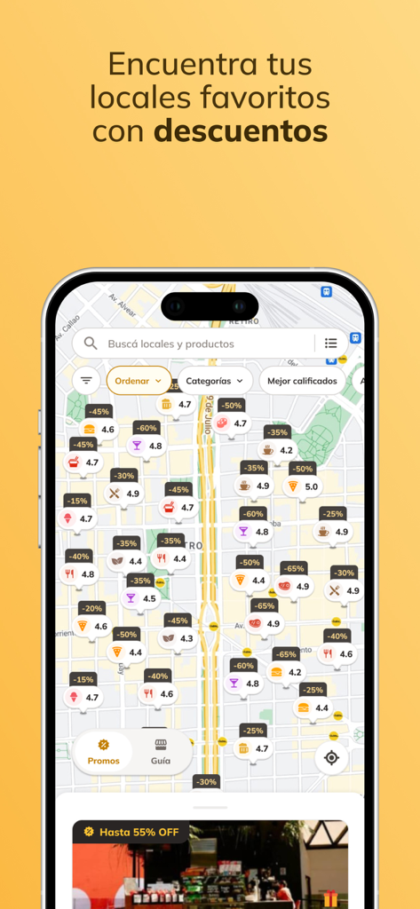 Morfy: Salí a comer ahorrando - Morfy app map interface showing local restaurants with discount percentages and user ratings