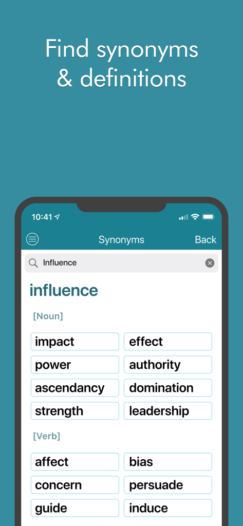 Ginger Writer - Ginger Writer app synonym finder showing results for the word influence