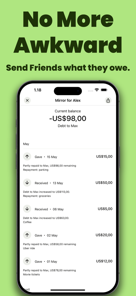Loan Tracker: You Owe Me - A smartphone screen showing a detailed transaction history and balance summary for shared expenses in the Loan Tracker app.