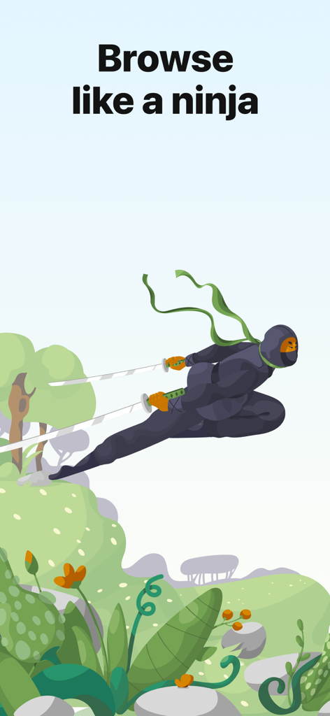 Illustration of a ninja leaping through a green landscape with the text Browse like a ninja