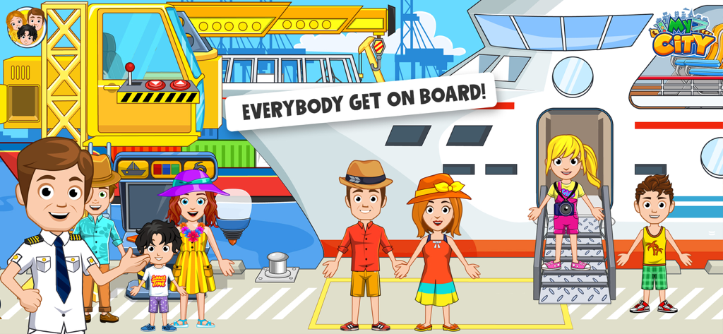Cartoon characters and a ship captain standing in front of a cruise ship at a port