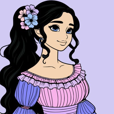 a single latina woman with a side ponytail and a long dress with ruffles. she has a few discreet flowers in her hair. realistic
