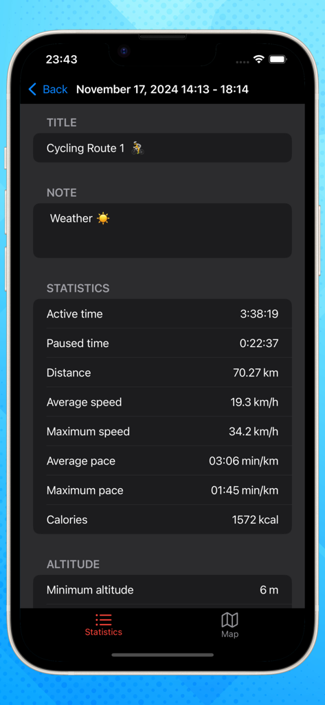 Bike Computer - Cycling - Detailed ride statistics screen showing distance speed calories and active time in dark mode
