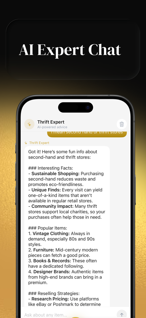 Thriftly: Profit Identifier - A smartphone screen showing the AI Expert Chat feature in the Thriftly app providing reselling tips and market insights