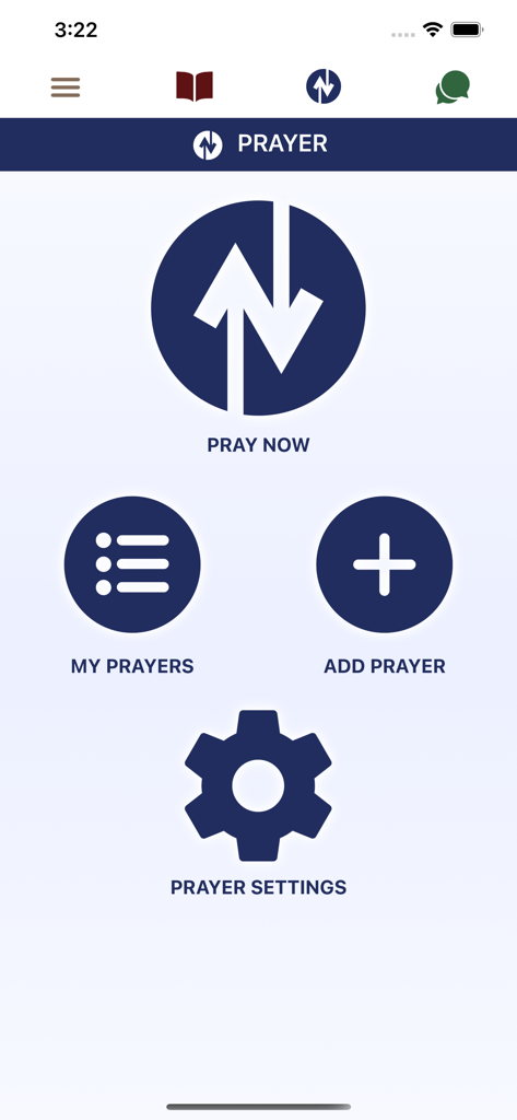 Bible Study Together - Interfaz de la aplicación Estudio Bíblico Juntos mostrando el gestor de oraciones con opciones para orar ahora, ver oraciones, añadir oraciones y acceder a la configuración.