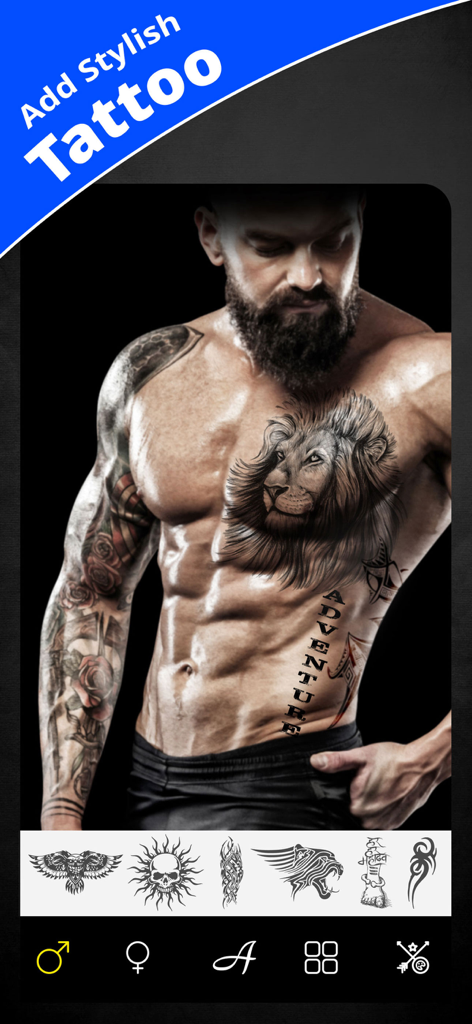 A man showing virtual lion and text tattoos on his chest and torso using the Tattoo Maker Design Editor app.