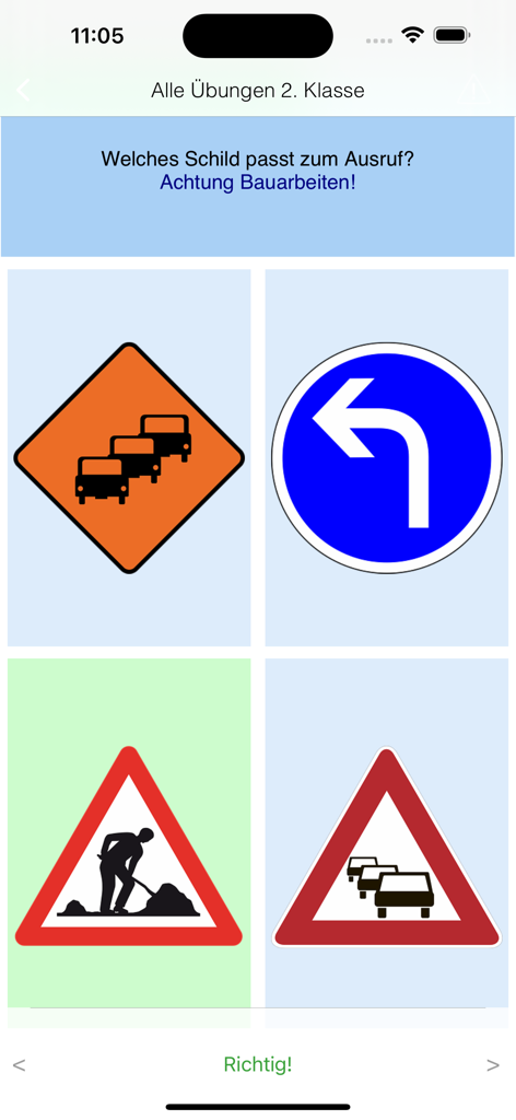 Schlaukopf - Una domanda del quiz di seconda elementare nell'app Schlaukopf che chiede di identificare il segnale stradale di cantiere.
