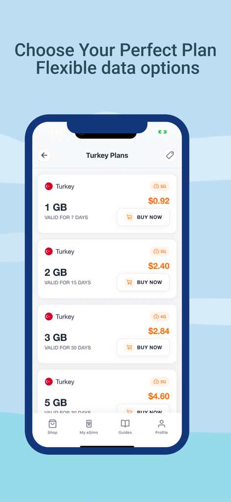 eSimFly - Mobile screen of the eSimFly app displaying various eSIM data plan options for Turkey.