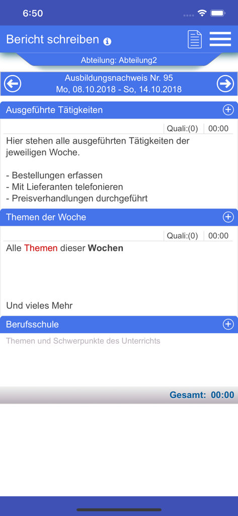 Azubiheft App - Bildschirm zur Eingabe von digitalen Ausbildungsprotokollen in der Azubiheft App mit beruflichen Arbeitsaktivitäten