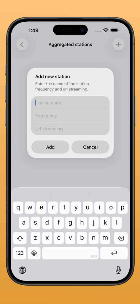 Radio FM & AM Streaming - Interfaz para agregar manualmente una nueva estación de radio con campos para el nombre de la estación, frecuencia y URL de transmisión.