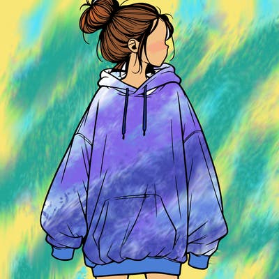 realistic girl with a oversized sweatshirt on and a bun