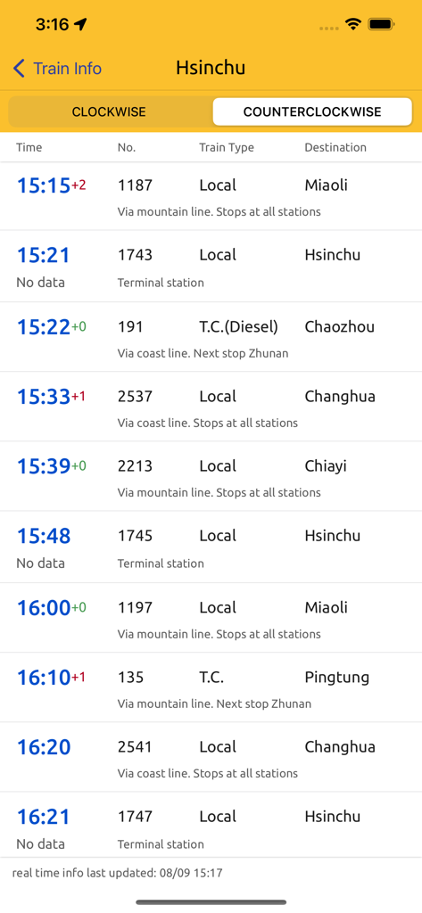 TransTaiwan: 雙鐵/捷運 時刻表 路徑規劃 - Real time train timetable and delay info for Hsinchu station on the TransTaiwan app interface