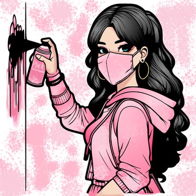 realistic girl with mask spray painting a wall