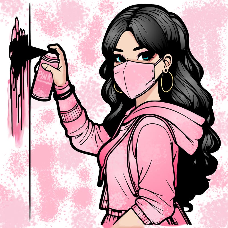 realistic girl with mask spray painting a wall