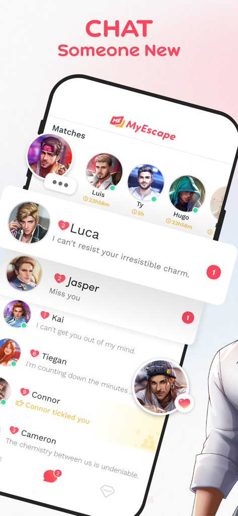 My Escape: My Secret Crush - Interfaccia di chat nell'app My Escape che mostra abbinamenti di appuntamenti virtuali e messaggi da personaggi romantici
