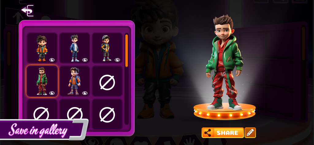 Character Maker : Anime Avatar - La interfaz de la app creador de personajes de anime que muestra un avatar masculino personalizado y una galería de selección de atuendos