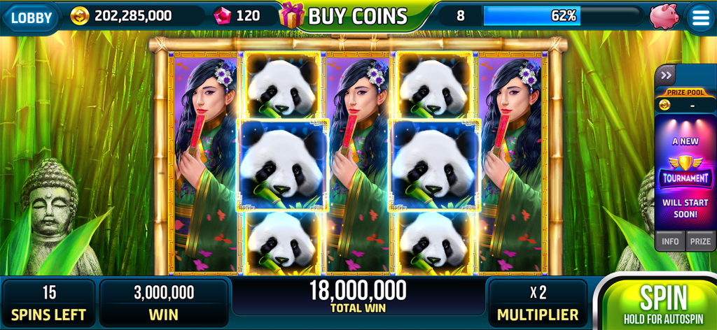 Prosperity Slots Casino Game - A panda themed slot machine interface in the Prosperity Slots Casino Game featuring a bamboo forest background.