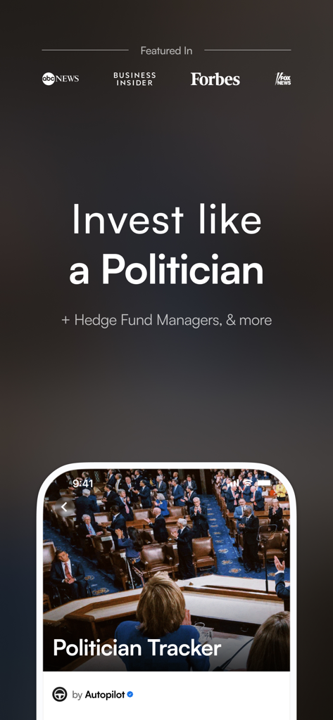 Autopilot app promotional screen featuring the Politician Tracker and news media endorsements like Forbes and ABC News