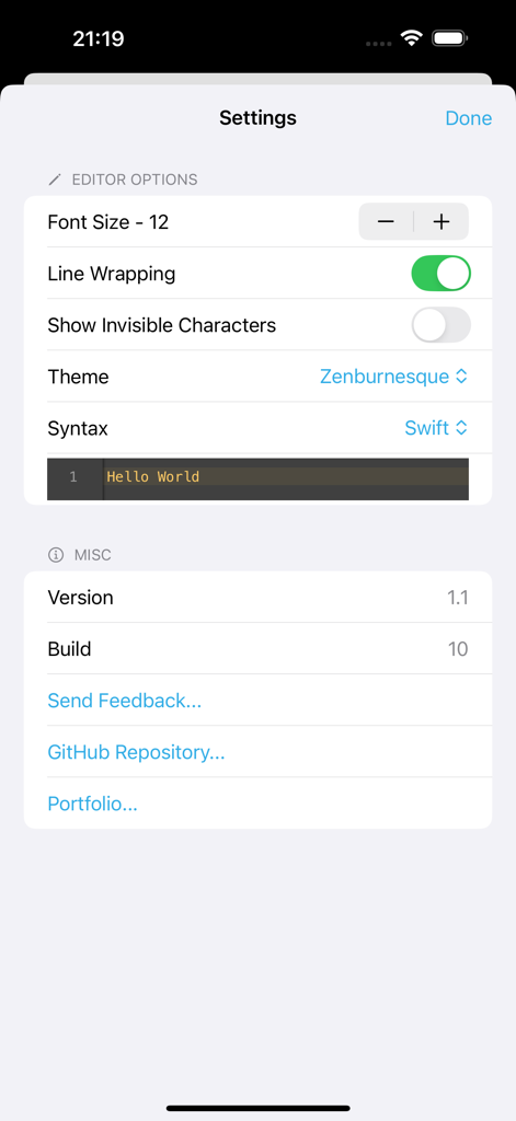 QuickCode: Code Editor - Settings interface of QuickCode app showing editor options like font size line wrapping theme and syntax highlighting