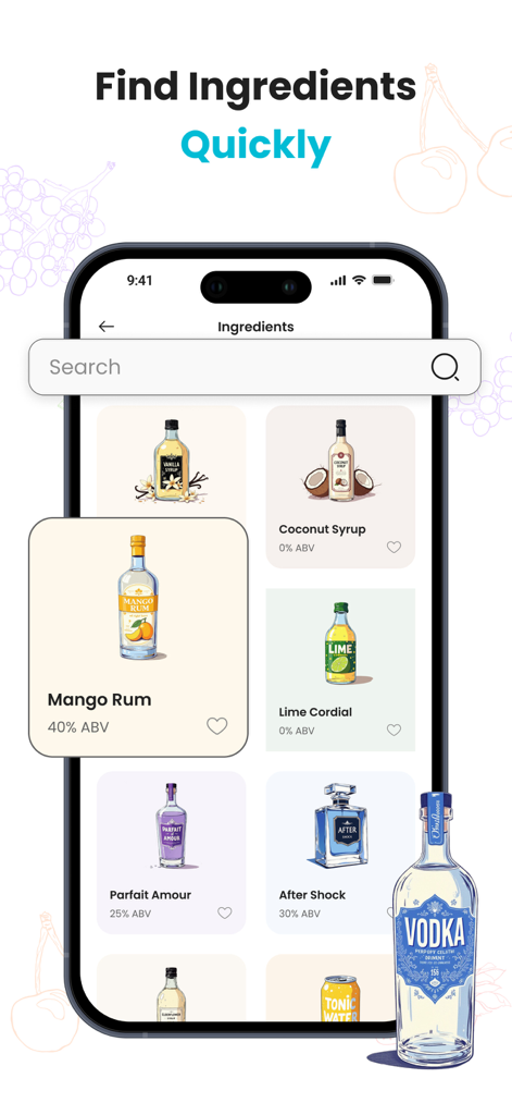 Cocktail Recipes & Mixology - Ecrã de aplicação móvel mostrando uma biblioteca pesquisável de ingredientes para cocktails, incluindo rum de manga e cordial de lima