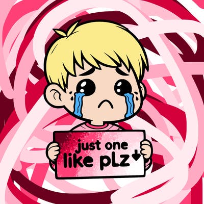 realistic crying boy with a sign saying just one like plz