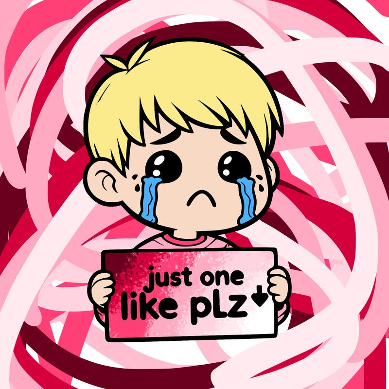 realistic crying boy with a sign saying just one like plz