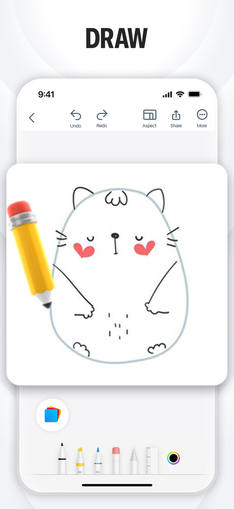 Sticky Notes & Color Widget - A drawing interface in the Sticky Notes app showing a cartoon cat sketch and various digital pens and tools.