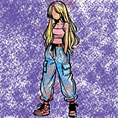 girl in baggy pants crop top and long hair